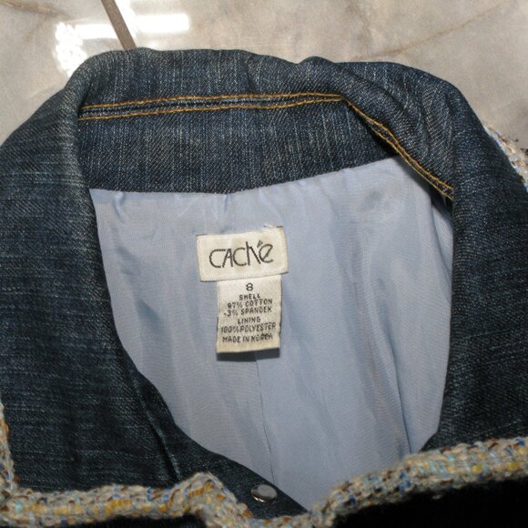 Cache Blue Tweed Trim Denim Jacket Size 8 - Picture 7 of 7